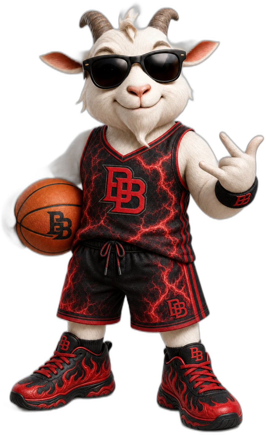 The B-BUCKETS mascot — a goat in B-BUCKETS gear holding a basketball
